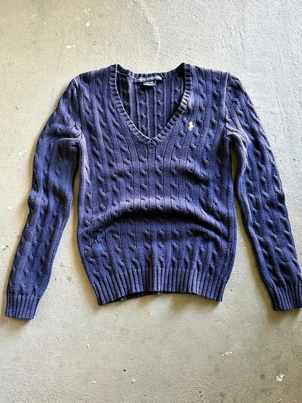 Ralph Lauren Sport Cable Knit V-Neck Sweater Blue Cotton Pony Logo Size M